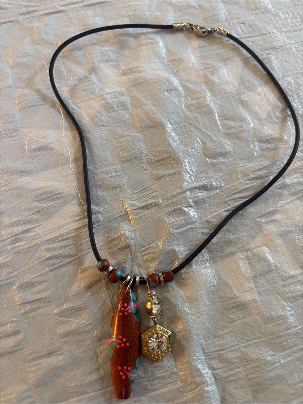 Hand-Painted Brown Pendant Necklace with Crystal Charm